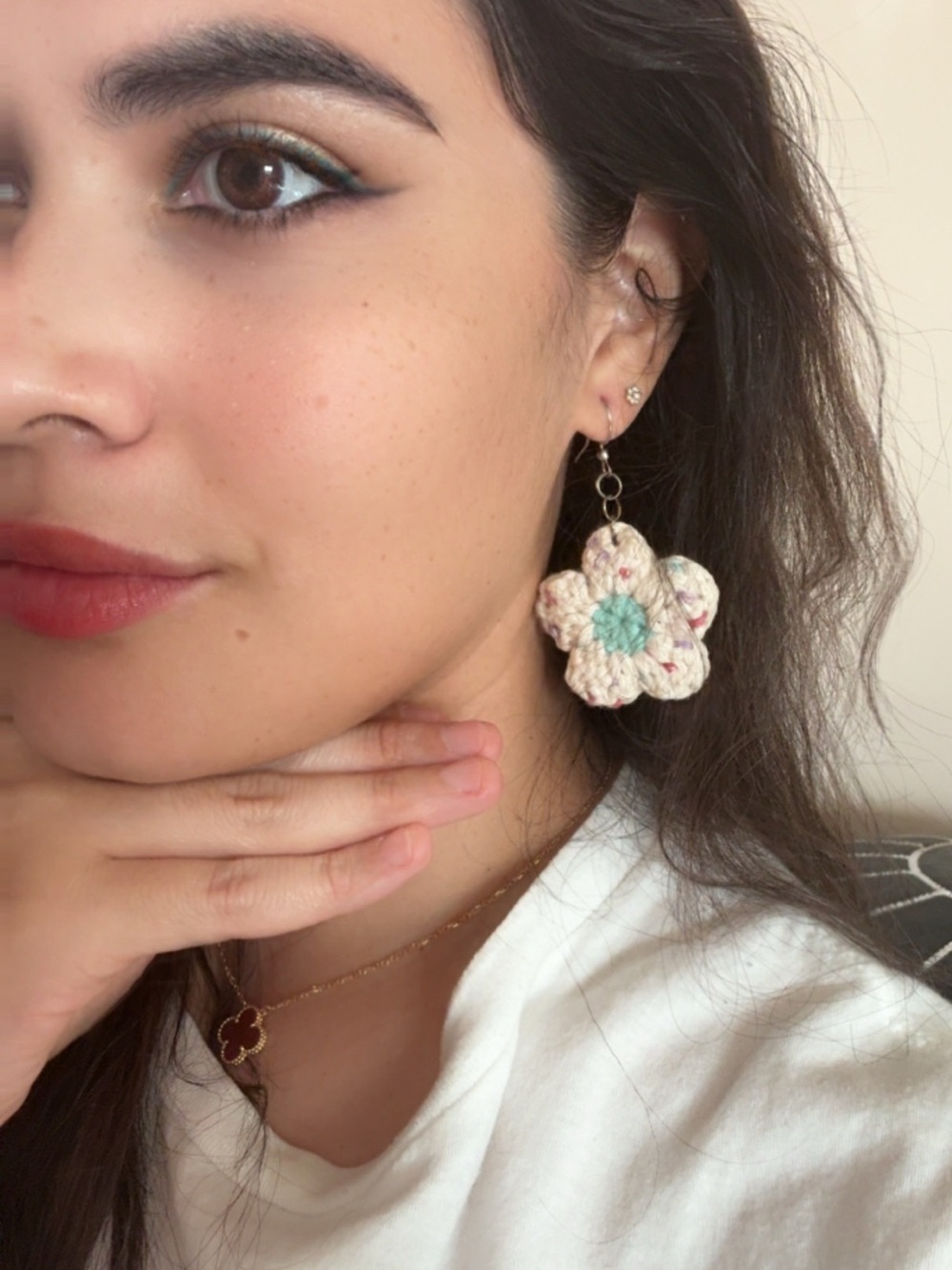Cream Crochet Flower Drop Earrings with Aqua Center